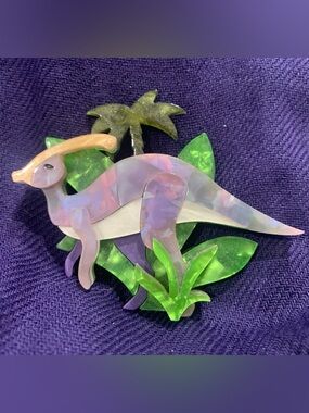 Erstwilder dinosaur brooch - Iridescent Parasaruolophus in Purple and Green